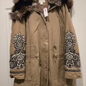 chicos Tan Utility Jacket with Embroidered Sleeves